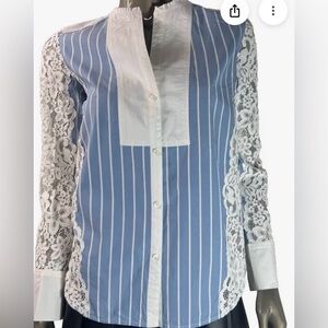 Sandro Blue & White Stripe Lace Blouse